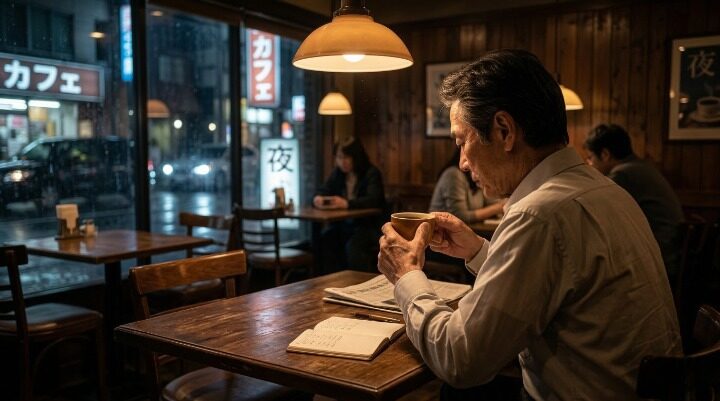 夜のカフェで一人コーヒーを飲みながら ミッドライフクライシスを振り返る中年男性