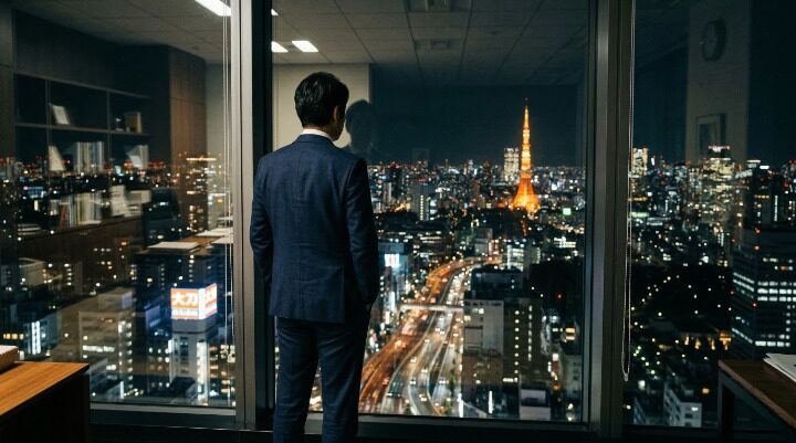 夜景を眺めながらミッドライフクライシスを考える男性