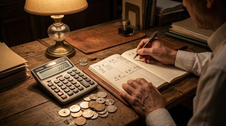 40代・50代の資産形成を考える男性が電卓と家計簿で収支を確認しているイメージ