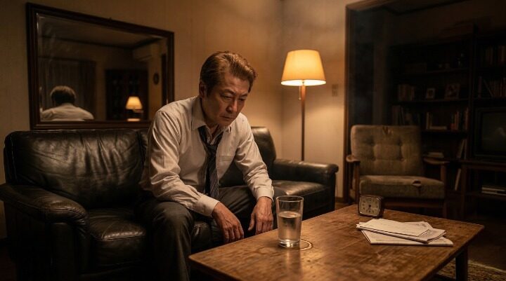 男性更年期障害の疲労感・倦怠感に悩む 40代中年男性が夜一人ソファに座るイメージ