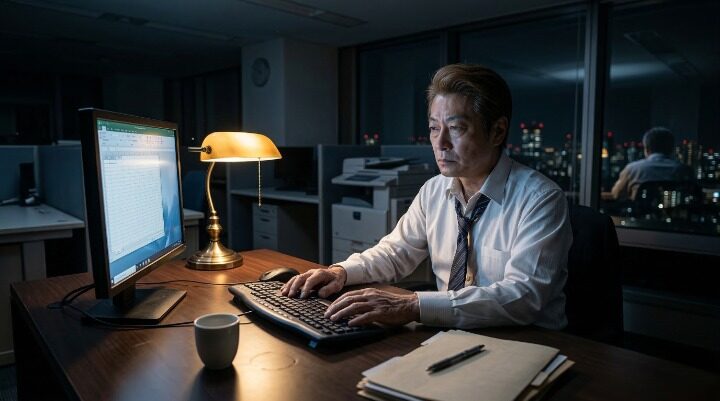 仕事に意味を感じられず夜のオフィスで パソコンに向かう40代男性のイメージ