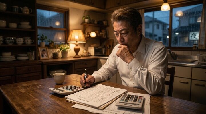 保険や家計を見直すために 書類と電卓を前に考え込む40代男性のイメージ