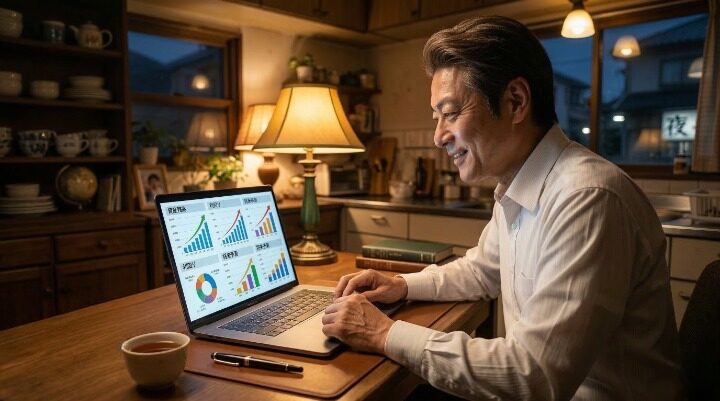 新NISAの投資グラフを見て 将来に希望を持つ40代男性のイメージ