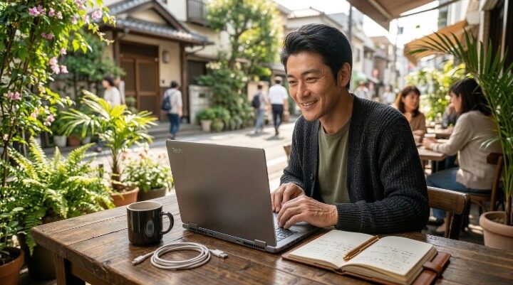 屋外カフェのテラスで副業に取り組む 40代男性のイメージ