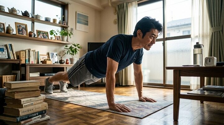 テストステロンを上げるために 自宅で筋トレに取り組む40代男性のイメージ