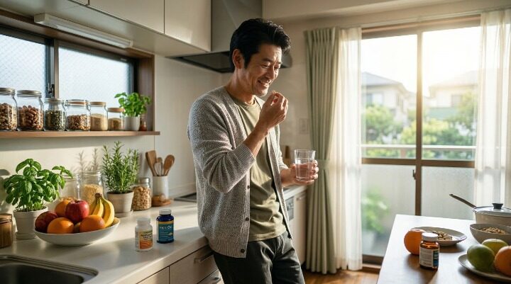 朝のキッチンでサプリメントを飲む 健康的な40代男性のイメージ