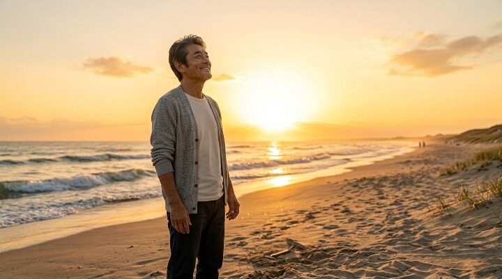 ミッドライフクライシスを乗り越えて 海辺で夕日を見上げる48歳男性のイメージ