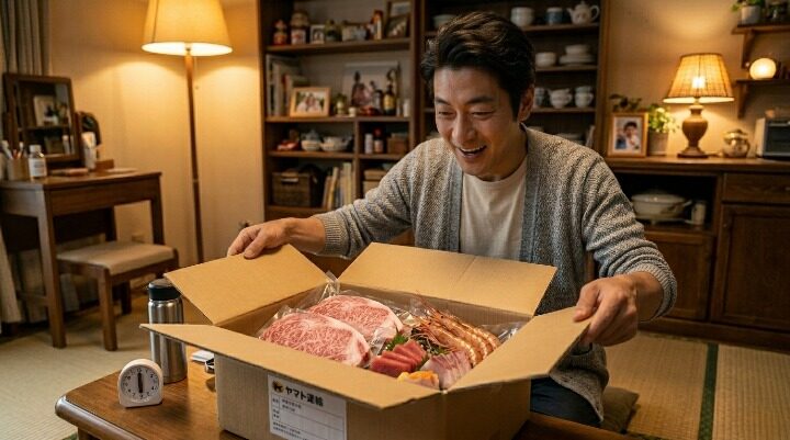 ふるさと納税の返礼品の和牛と海鮮が 届いて喜ぶ40代男性のイメージ
