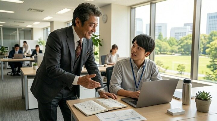 40代管理職が若い部下と 職場でコミュニケーションをとるイメージ