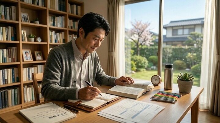 定年後のセカンドキャリアに向けて 自宅で勉強に取り組む40代男性のイメージ