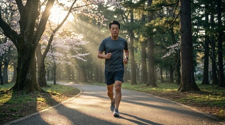 ダイエットのために公園で 朝のランニングをする48歳男性のイメージ