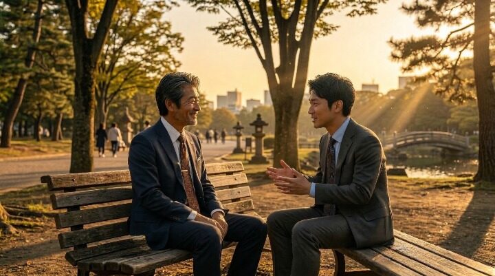 公園のベンチで先輩から 人生の金言を聞く40代男性のイメージ