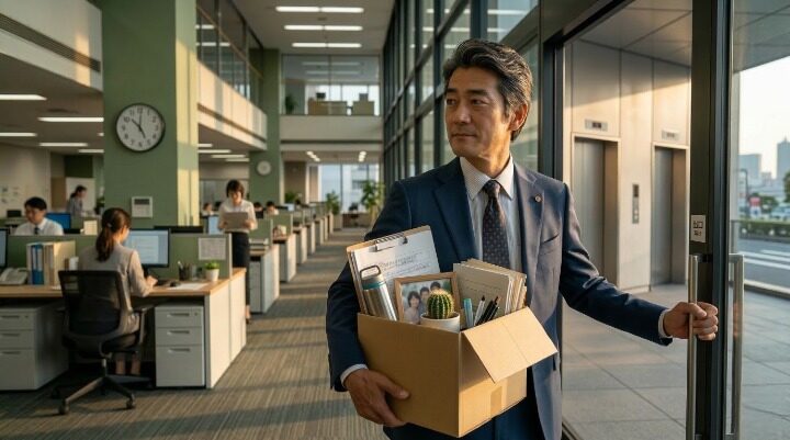 早期退職・リストラを受け入れて オフィスを後にする50代男性のイメージ