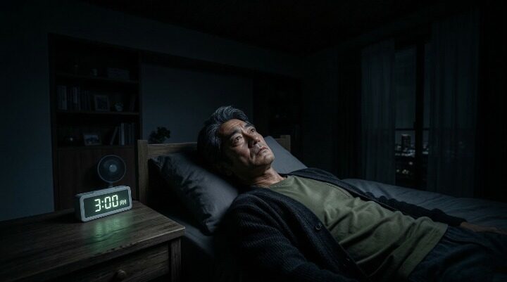 深夜3時に目が覚めて 眠れない40代男性のイメージ