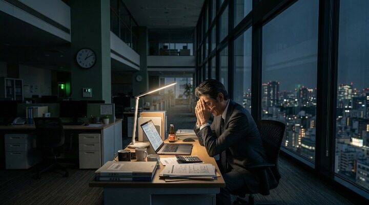 働き方改革のしわ寄せを受けて 夜のオフィスに一人残る 40代管理職男性のイメージ