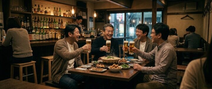 久しぶりに再会した 同世代の友人たちと居酒屋で 乾杯する40代男性グループのイメージ
