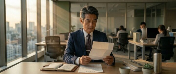 人事異動の辞令を受け取り 複雑な表情で書類を読む 40代男性ビジネスマンのイメージ