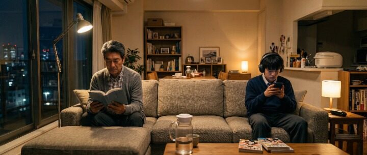 反抗期の高校生の息子と 同じソファに座りながら 距離を感じる48歳父親のイメージ