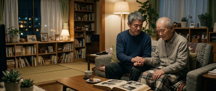 高齢の父親の手を握り 寄り添う48歳息子のイメージ