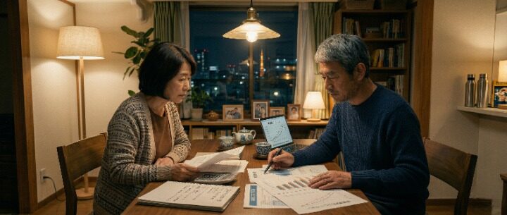 40代夫婦が夜のダイニングで 老後資金の計算と 将来設計を話し合うイメージ