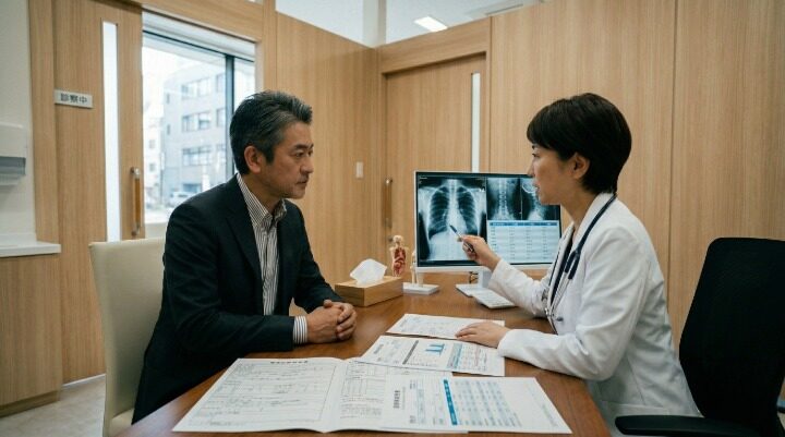 人間ドックの検査結果を レントゲンと検査レポートで 医師から説明を受ける40代男性のイメージ
