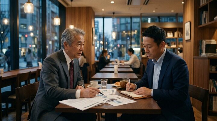 取引先の金融関係の先輩から 退職金の正しい使い方を 教わる40代男性のイメージ