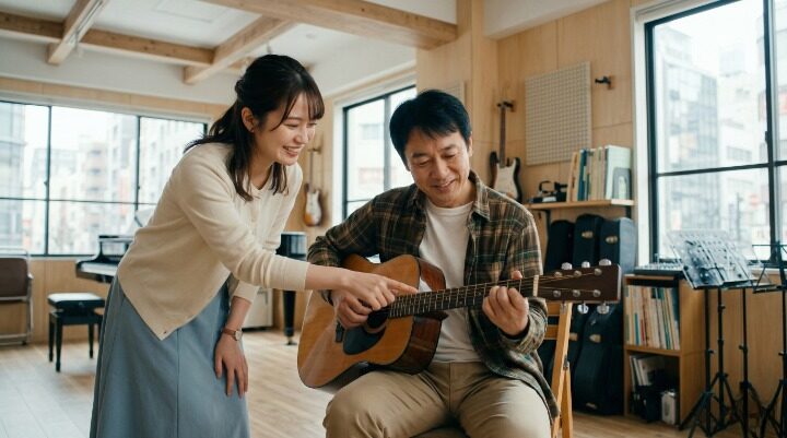 ギター教室で若い先生から アコースティックギターを 教わる48歳男性のイメージ