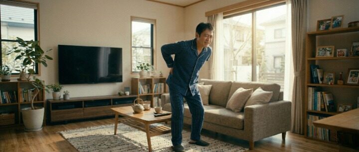 朝起きたらぎっくり腰で パジャマ姿のまま腰を押さえる 40代男性のイメージ