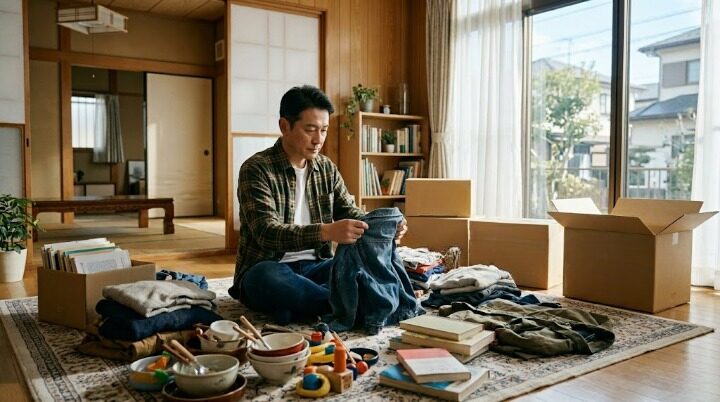 断捨離で衣類や本を仕分けしながら 物と向き合う48歳男性のイメージ