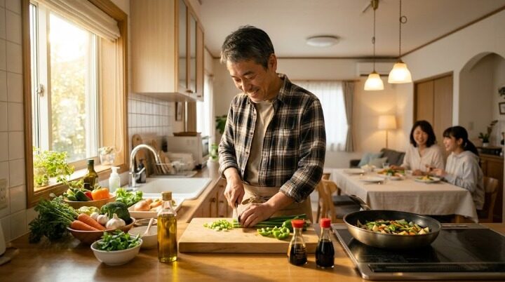 週末に家族のために自炊する 48歳男性のイメージ