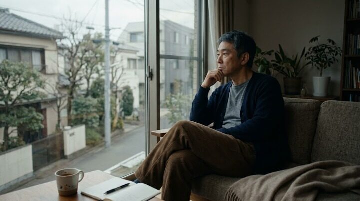 ミッドライフクライシスとうつ病の どちらかわからず窓の外を見つめながら 深く考え込む40代男性のイメージ