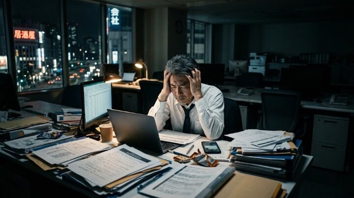 夜のオフィスで山積みの書類を前に 頭を抱える中間管理職の 40代男性のイメージ
