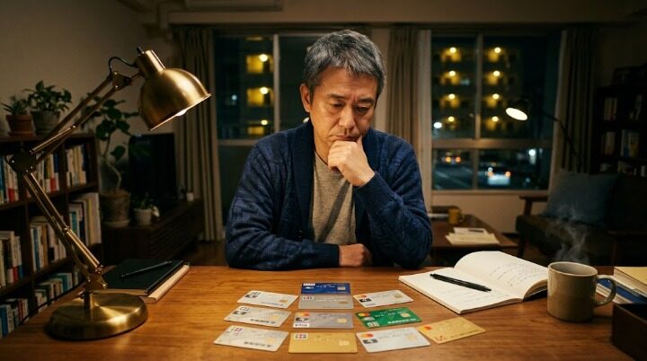 テーブルに並べた複数のクレジットカードを どれを残すか真剣に考える 48歳男性のイメージ