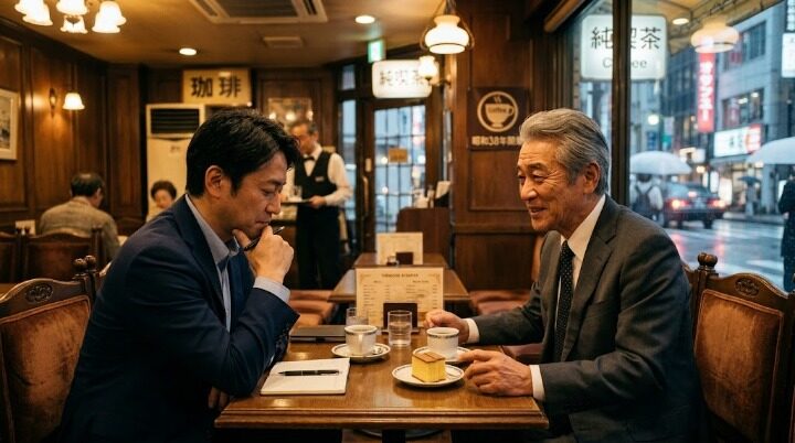 純喫茶で先輩から人生の教訓を 真剣に聞き入る40代男性のイメージ