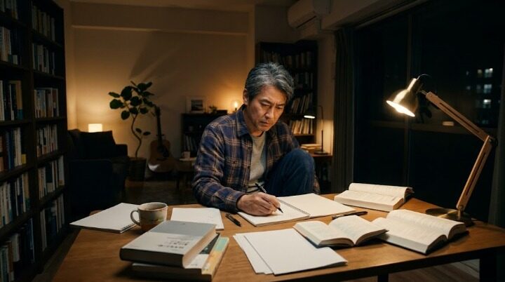 夜のすき間時間に資格の勉強をする 48歳男性のイメージ