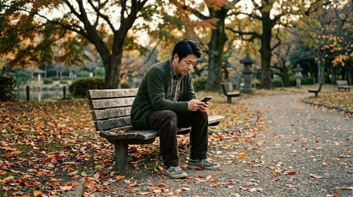 公園で孤独感を感じる40代男性