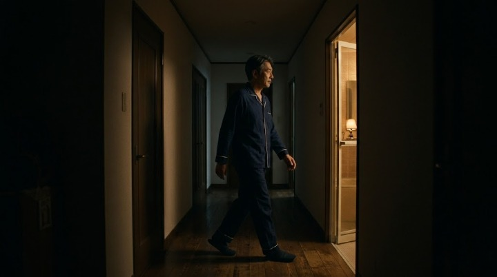 夜中に廊下を歩きトイレへ向かう40代男性