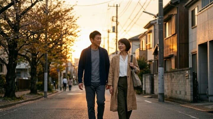 夕暮れの静かな道を 並んで歩く中年夫婦のイメージ