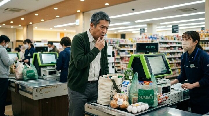 スーパーのレジで会計に驚く男性