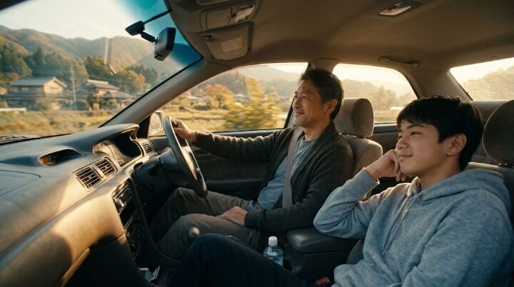 ドライブ中に助手席の窓の外を見る 息子と運転する父親のイメージ