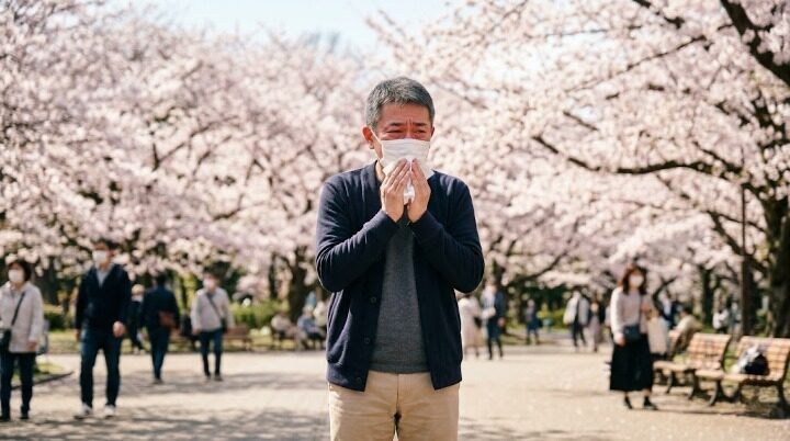 桜を背景にマスクをして 花粉症に悩む中年男性のイメージ