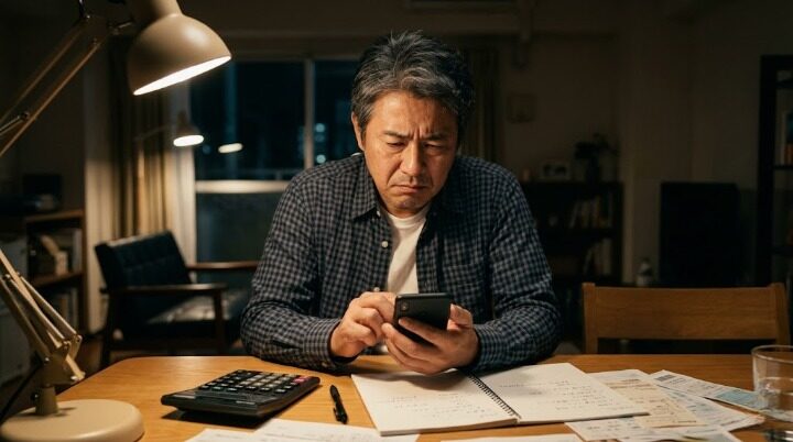 夜にスマホで親の介護費用を調べる中年男性