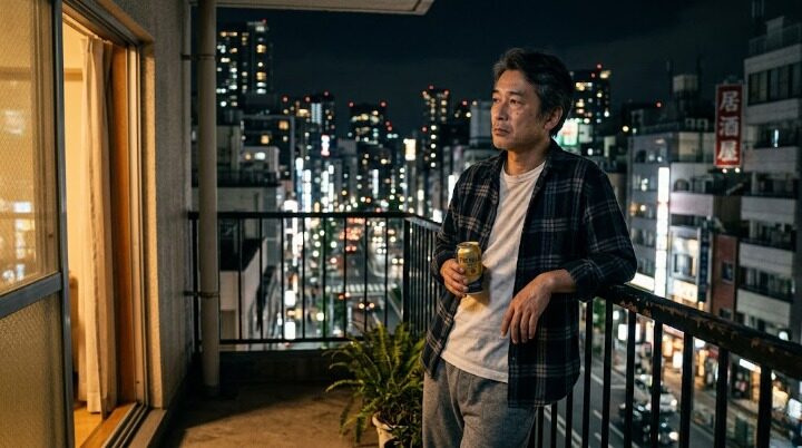 ゴールデンウィーク最終日の夜、ベランダで考え事をする中年男性