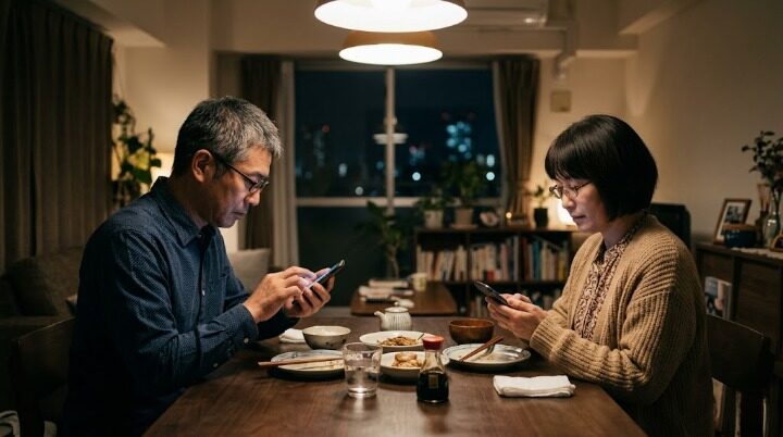 食卓で別々にスマホを見ている40代の夫婦