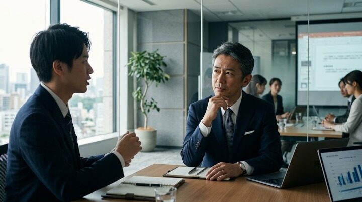 会議室で年下の上司の話を聞く40代の会社員