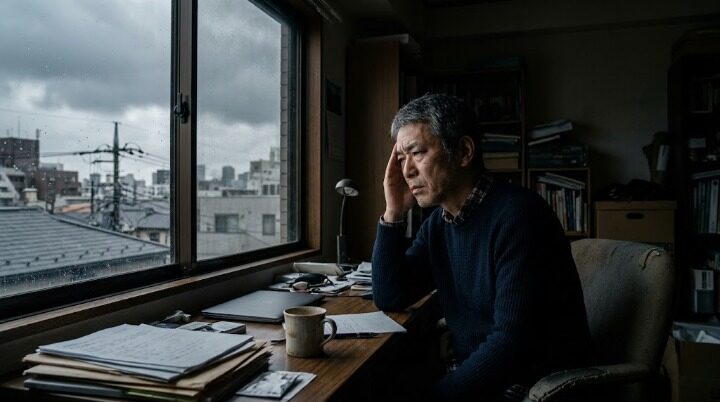 梅雨入り前の曇り空を見ながら頭痛に悩む中年男性