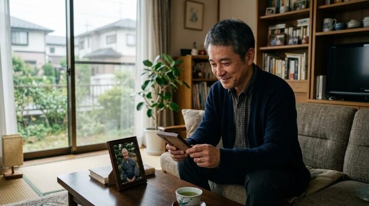 父の日に父との写真を見つめる中年男性