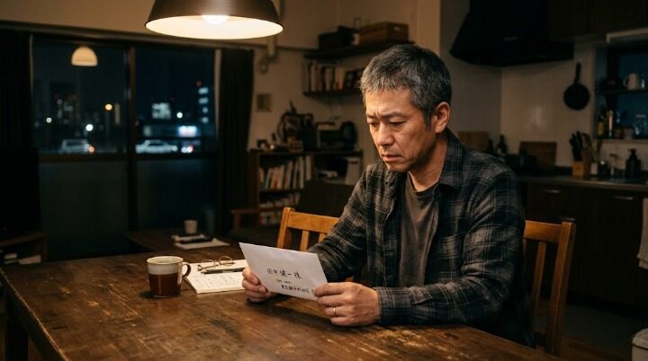 同窓会の案内状を前に考え込む中年男性