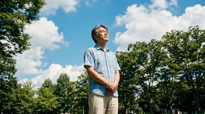 夏空を見上げて物思いにふける中年男性
